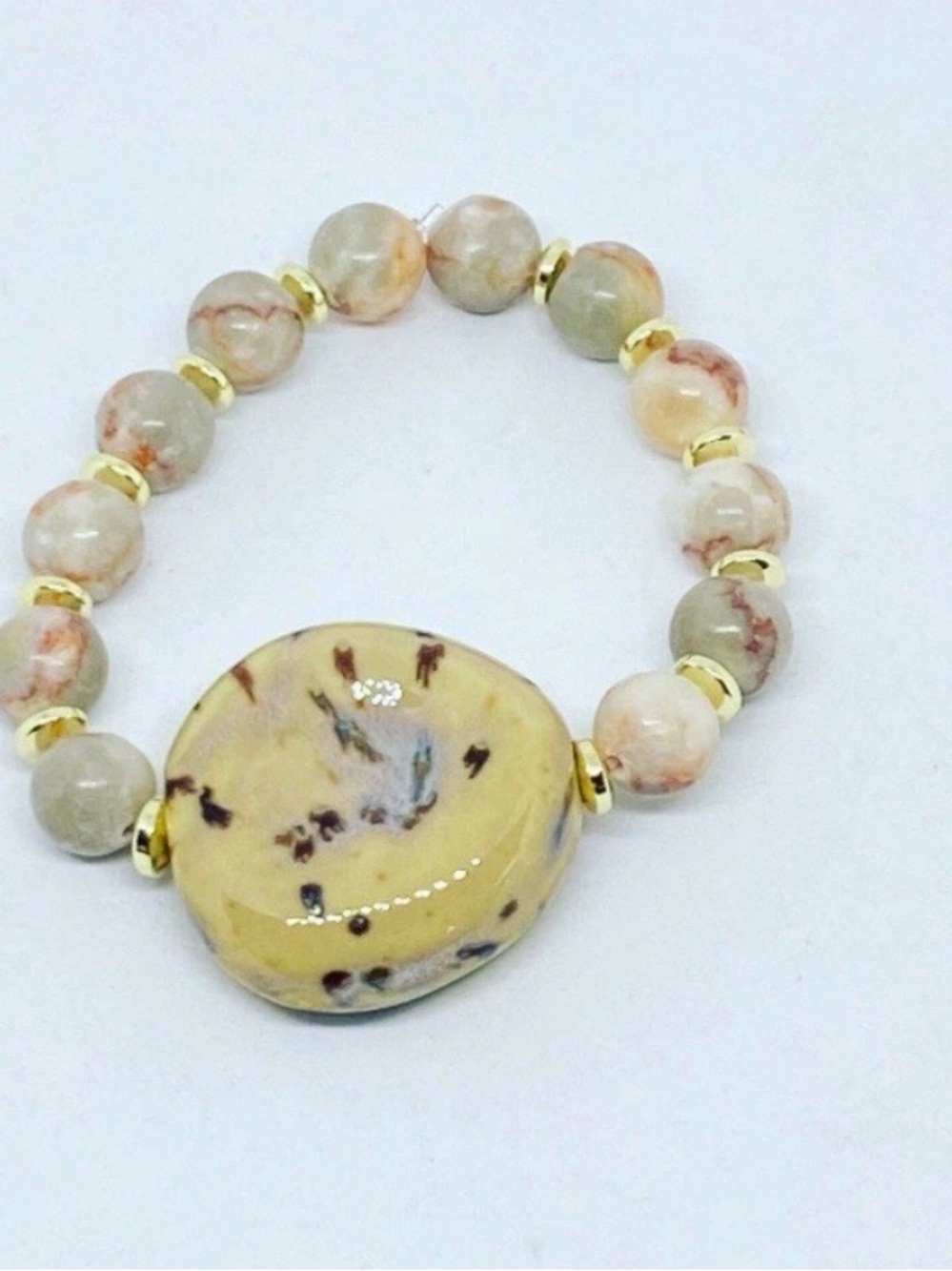 Handcrafted Yellow and Cream Stone Beaded Stretch Bracelet